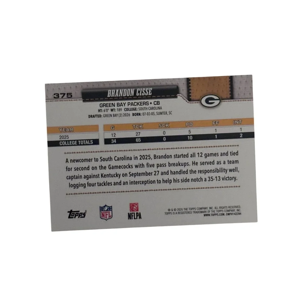 Topps Brandon Cisse Rookie Card Green Bay Packers CB #375 South Carolina RC NFL